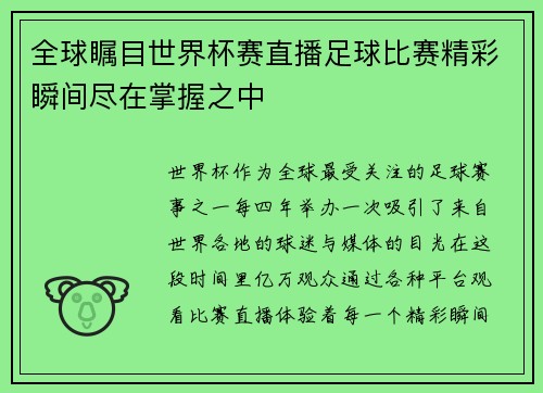 全球瞩目世界杯赛直播足球比赛精彩瞬间尽在掌握之中
