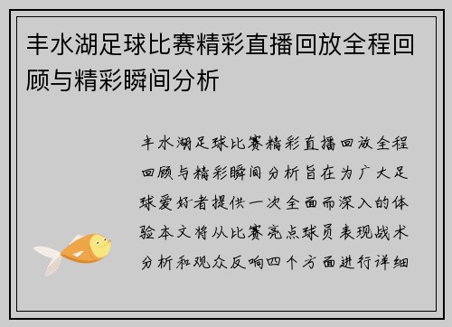 丰水湖足球比赛精彩直播回放全程回顾与精彩瞬间分析